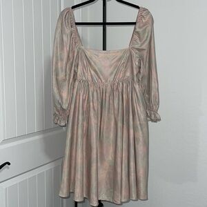 STORIA Puff Sleeve Baby Doll Dress bleated detailShimmery pink blue gray print L